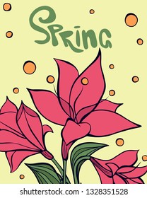 Vector illustration of beautiful pink flower bouquet with green lettering. Great design elements for sticker, card, print or poster. Unique drawing isolated on yellow background. Spring concept