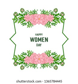 Vector illustration beautiful pink flower frame with greeting card happy women day hand drawn