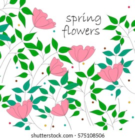 Vector illustration of beautiful pink flowers and green leaves on white background.