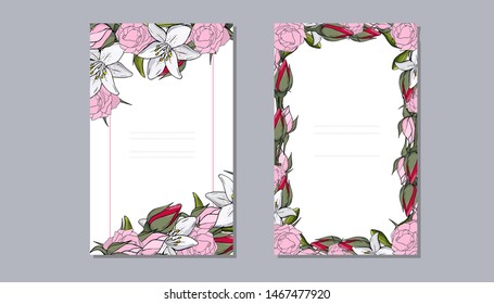 Vector illustration of beautiful pink and red roses with white lilies decoration layout. Design for invitation, frame border and template greeting card, wedding card. 