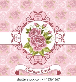 Vector illustration of a beautiful pink roses in vintage frame for invitations and birthday cards.