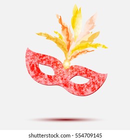Vector Illustration of a Beautiful Pink watercolor realistic Festive Carnival Mask with colorful feathers isolated. Design template for party decoration or masquerade. 