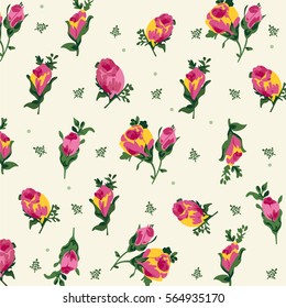 Vector illustration of beautiful pink and yellow roses, stems and leaves on yellow background.