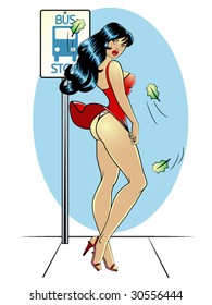 vector illustration of a beautiful pinup model waiting at a bus stop on a breezy day.
