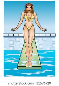 vector illustration of a beautiful pinup on a diving board.