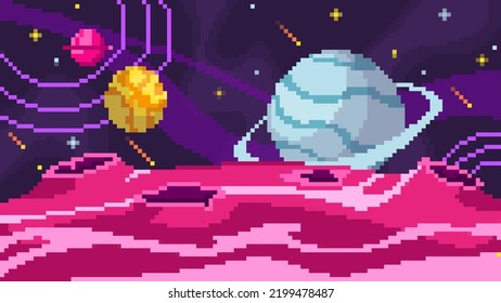 Vector illustration of beautiful pixelated space planets. Cartoon space game landscape with different planets, craters, stars, falling meteorites.