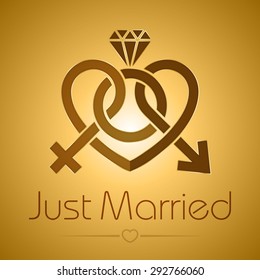 Vector illustration. Beautiful plexus male and female sign in the engagement ring with gold background. To marriage agencies, event decoration, weddings and bridal shops.