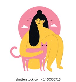 Vector illustration with beautiful plus size long black hair girl hugs a pink pet cat. Clouds and birds on the background. 