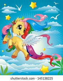 Ilustración vectorial de la bella Pony sobre las nubes