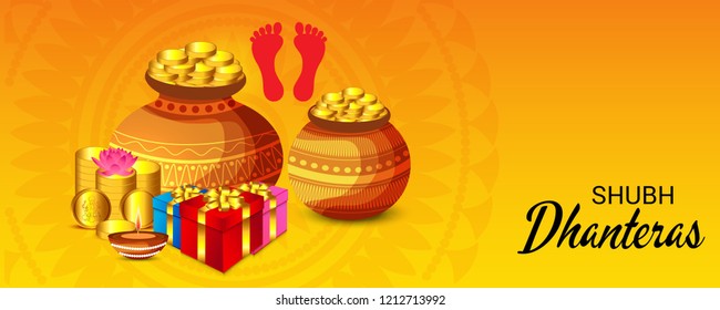 Vector illustration of a Beautiful Poster Or Banner With Goddess Maa Laxmi Of Indian Dhanteras Festival Background. 