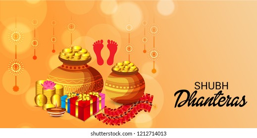 Vector illustration of a Beautiful Poster Or Banner With Goddess Maa Laxmi Of Indian Dhanteras Festival Background. 
