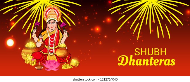 Vector illustration of a Beautiful Poster Or Banner With Goddess Maa Laxmi Of Indian Dhanteras Festival Background. 