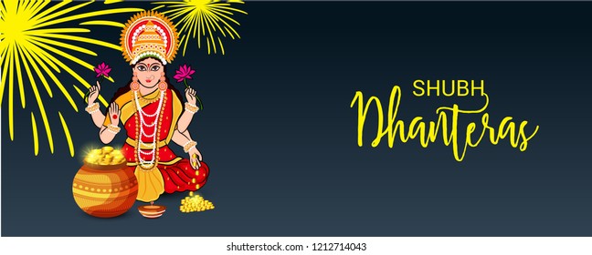 Vector illustration of a Beautiful Poster Or Banner With Goddess Maa Laxmi Of Indian Dhanteras Festival Background. 