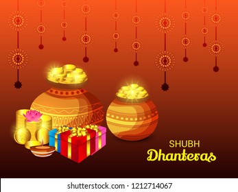 Vector illustration of a Beautiful Poster Or Banner With Goddess Maa Laxmi Of Indian Dhanteras Festival Background. 