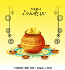 Vector illustration of a Beautiful Poster Or Banner With Goddess Maa Laxmi Of Indian Dhanteras Festival Background. 