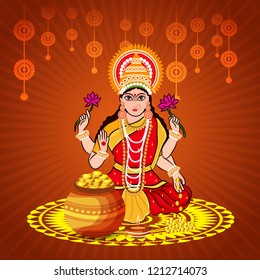 Vector illustration of a Beautiful Poster Or Banner With Goddess Maa Laxmi Of Indian Dhanteras Festival Background. 