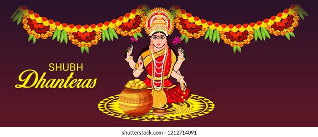 Vector illustration of a Beautiful Poster Or Banner With Goddess Maa Laxmi Of Indian Dhanteras Festival Background. 