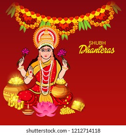 Vector illustration of a Beautiful Poster Or Banner With Goddess Maa Laxmi Of Indian Dhanteras Festival Background. 