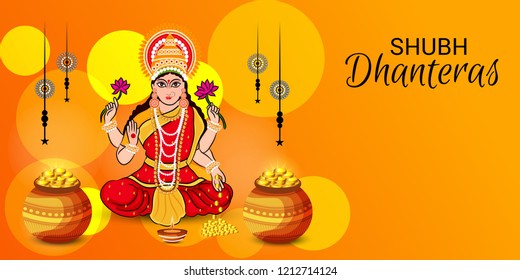 Vector illustration of a Beautiful Poster Or Banner With Goddess Maa Laxmi Of Indian Dhanteras Festival Background. 