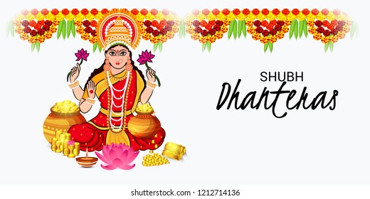 Vector illustration of a Beautiful Poster Or Banner With Goddess Maa Laxmi Of Indian Dhanteras Festival Background. 
