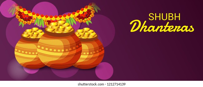 Vector illustration of a Beautiful Poster Or Banner With Goddess Maa Laxmi Of Indian Dhanteras Festival Background. 