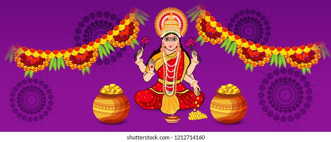 Vector illustration of a Beautiful Poster Or Banner With Goddess Maa Laxmi Of Indian Dhanteras Festival Background. 