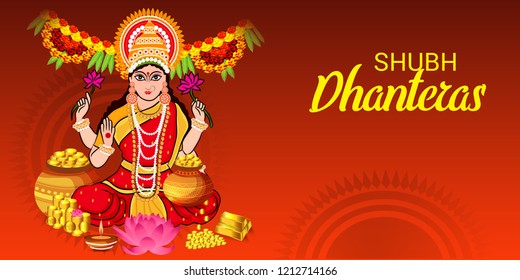 Vector illustration of a Beautiful Poster Or Banner With Goddess Maa Laxmi Of Indian Dhanteras Festival Background. 