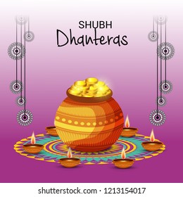 Vector illustration of a Beautiful Poster Or Banner With Goddess Maa Laxmi Of Indian Dhanteras Festival Background.
