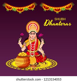 Vector illustration of a Beautiful Poster Or Banner With Goddess Maa Laxmi Of Indian Dhanteras Festival Background.