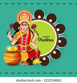 Vector illustration of a Beautiful Poster Or Banner With Goddess Maa Laxmi Of Indian Dhanteras Festival Background.