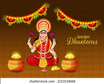 Vector illustration of a Beautiful Poster Or Banner With Goddess Maa Laxmi Of Indian Dhanteras Festival Background.