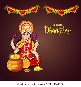 Vector illustration of a Beautiful Poster Or Banner With Goddess Maa Laxmi Of Indian Dhanteras Festival Background.