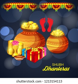 Vector illustration of a Beautiful Poster Or Banner With Goddess Maa Laxmi Of Indian Dhanteras Festival Background.