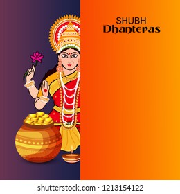 Vector illustration of a Beautiful Poster Or Banner With Goddess Maa Laxmi Of Indian Dhanteras Festival Background.