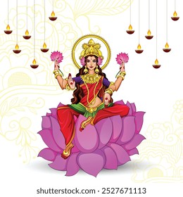 Vector illustration of a Beautiful Poster Or Banner With Goddess Maa Laxmi Of Indian Dhanteras Festival Background