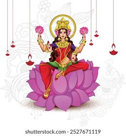 Vector illustration of a Beautiful Poster Or Banner With Goddess Maa Laxmi Of Indian Dhanteras Festival Background