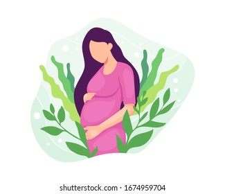 Vector illustration Beautiful pregnancy with floral. Lovely young pregnant woman holding her belly with love. Pregnant woman expecting a baby around the flowers. Vector illustration in a flat style