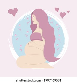 vector illustration of a beautiful pregnant girl sitting, background floral, pastel colors