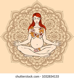 Vector illustration with a beautiful pregnant woman and mandala behind.