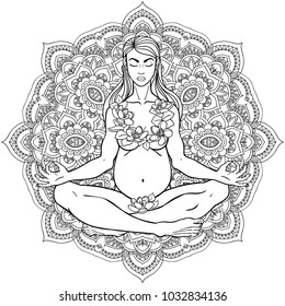 Vector illustration with a beautiful pregnant woman and mandala behind.