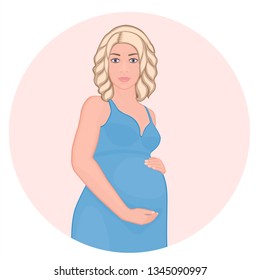 Vector illustration of a beautiful pregnant woman in a blue dress with hands on belly at half-turn. For advertising, medical publications, medicines package, medicinal products, skin cream. EPS 10