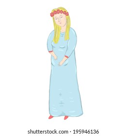 Vector illustration of beautiful pregnant woman in blue dress. Cute cartoon character isolated on white.