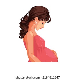 Vector Illustration of Beautiful Pregnant woman wearing pink dress 
