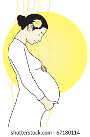 Vector illustration of beautiful pregnant woman on a yellow circle background
