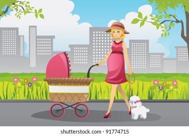 A vector illustration of a beautiful pregnant woman pushing a stroller walking with her dog in a park