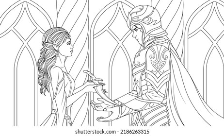 Vector Illustration, A Beautiful Princess Gives An Enchanted Sword To A Brave Warrior, Protector Of The Kingdom, Coloring Book