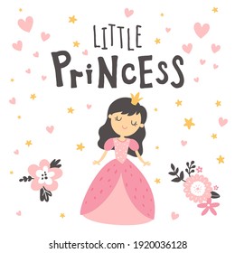 ilustración vectorial, princesa hermosa en un vestido rosa y texto con letras a mano