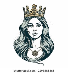Ilustración vectorial del hermoso retrato de princesa con diseño monocromo de la línea de tatuaje vintage de la corona real de lujo