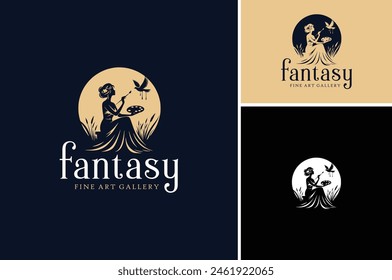 Vector illustration of A Beautiful Princess or Pretty Goddess Silhouette sitting on bench grass with a brush, color palette. She painting a dove at night under the moonlight, Art Gallery logo design