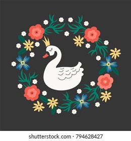 Vector illustration of beautiful Princess-Swan is surrounded by a floral wreath.
